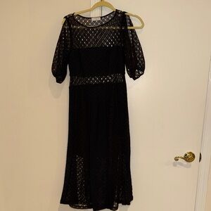 Sandro Elegant Black Midi Dress with Sheer Sleeves